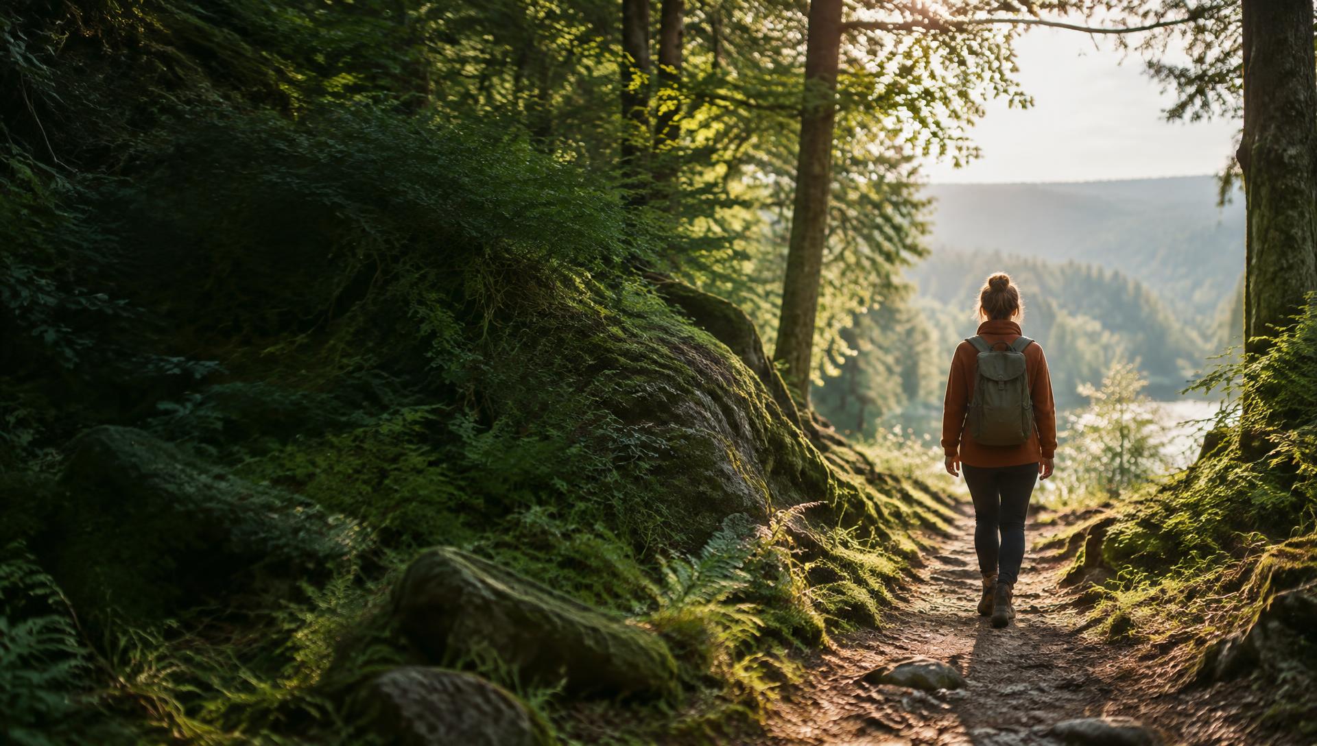 Eine Person geht auf einem Waldweg auf eine helle Lichtung zu